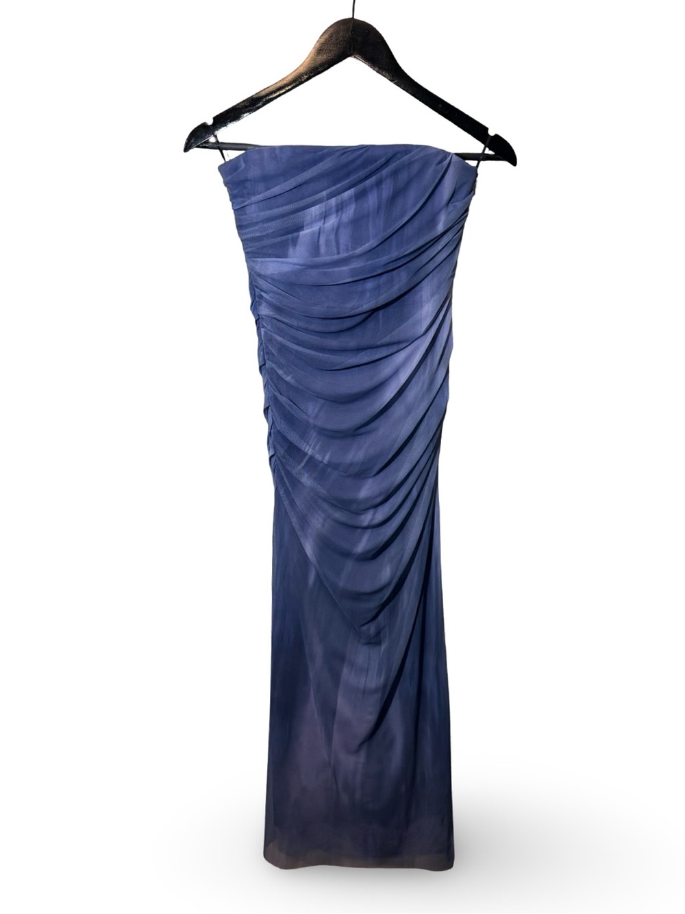 Zara Strapless Ruched Ombré Navy Patterned Midi Dress